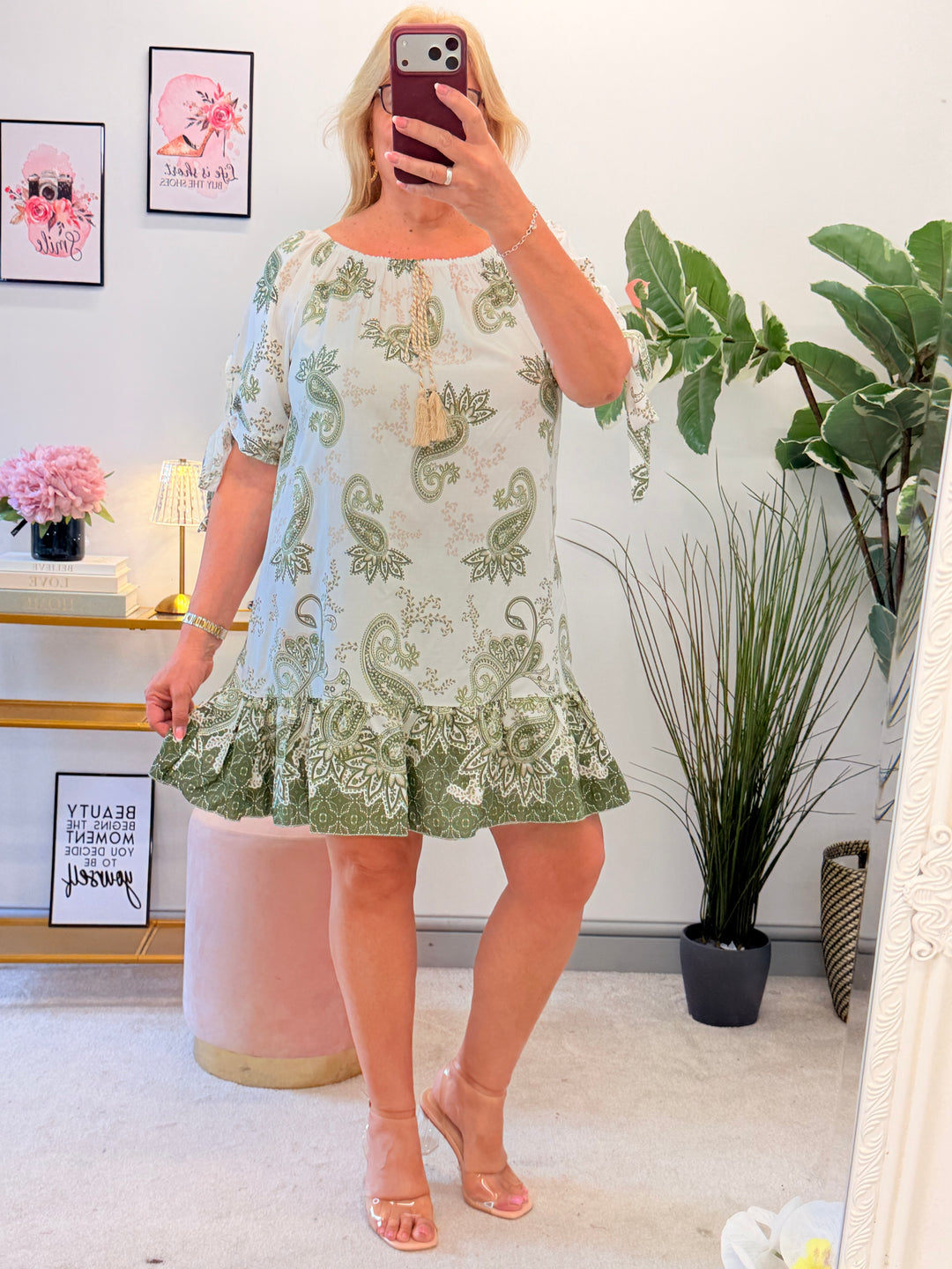 Ladies Paisley Print Summer Bardot Dress - Navy, Khaki