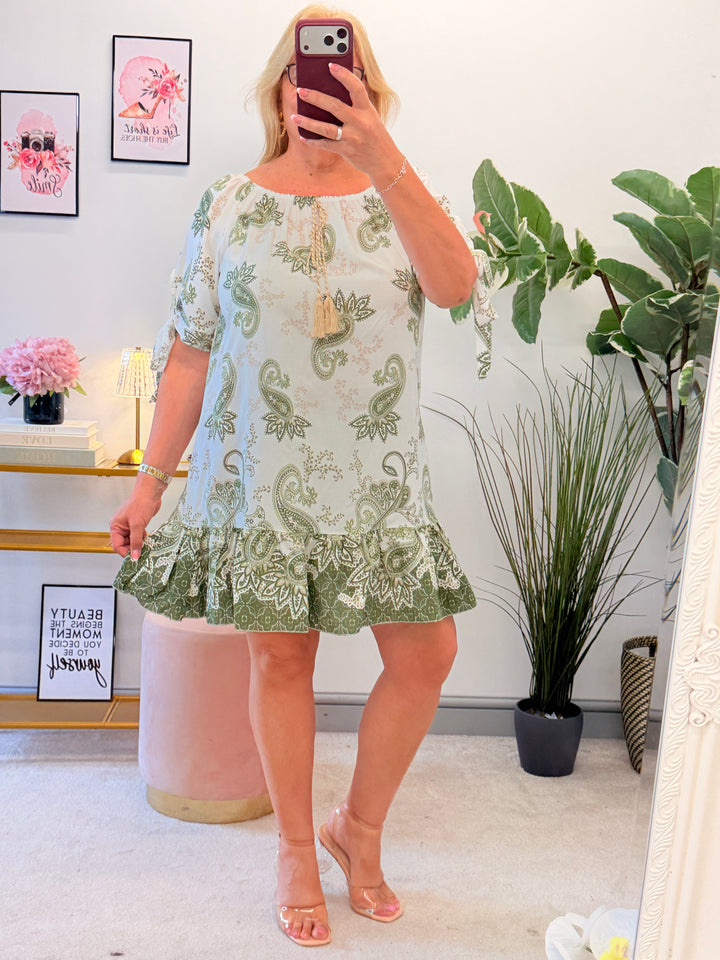 Ladies Paisley Print Summer Bardot Dress - Navy, Khaki