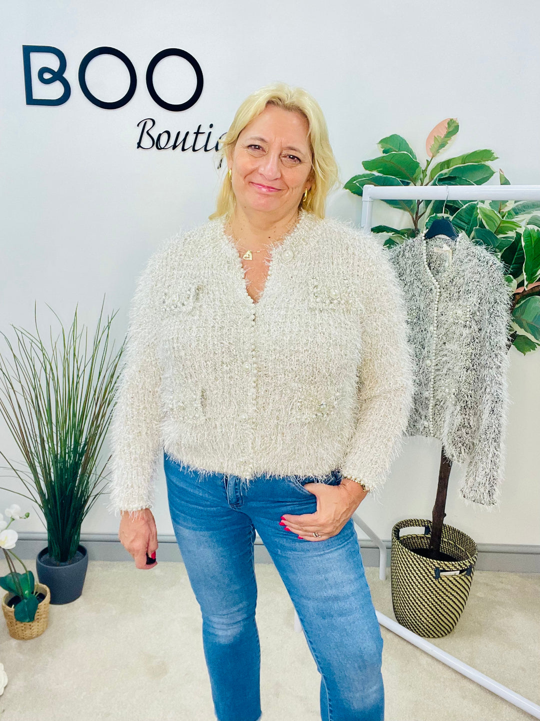LADIES DESIGNER INSPIRED FLUFFY LUREX CARDIGAN - BEIGE & BLACK