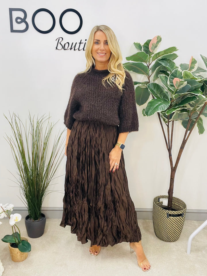 LADIES CRINKLE SATIN MAXI SKIRT - OLIVE, BROWN, NAVY, BLACK, GOLD
