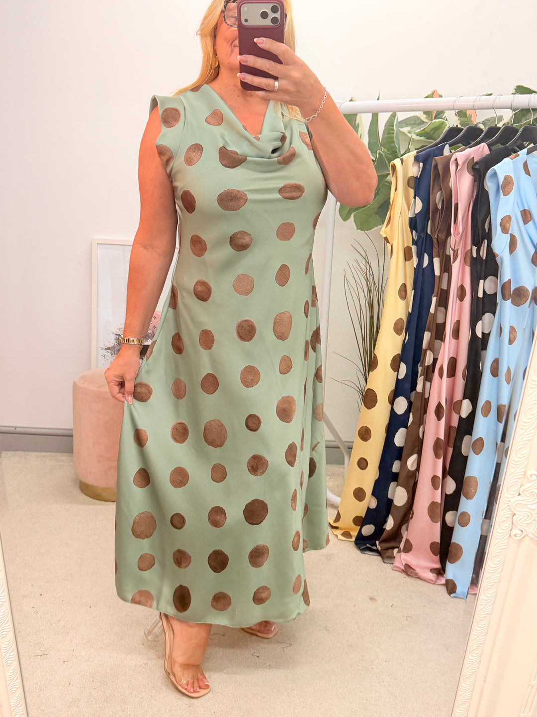 Ladies Satin Polka Dot Sheath Dress - Lemon, Black, Pink, Khaki, Navy, Black & Blue