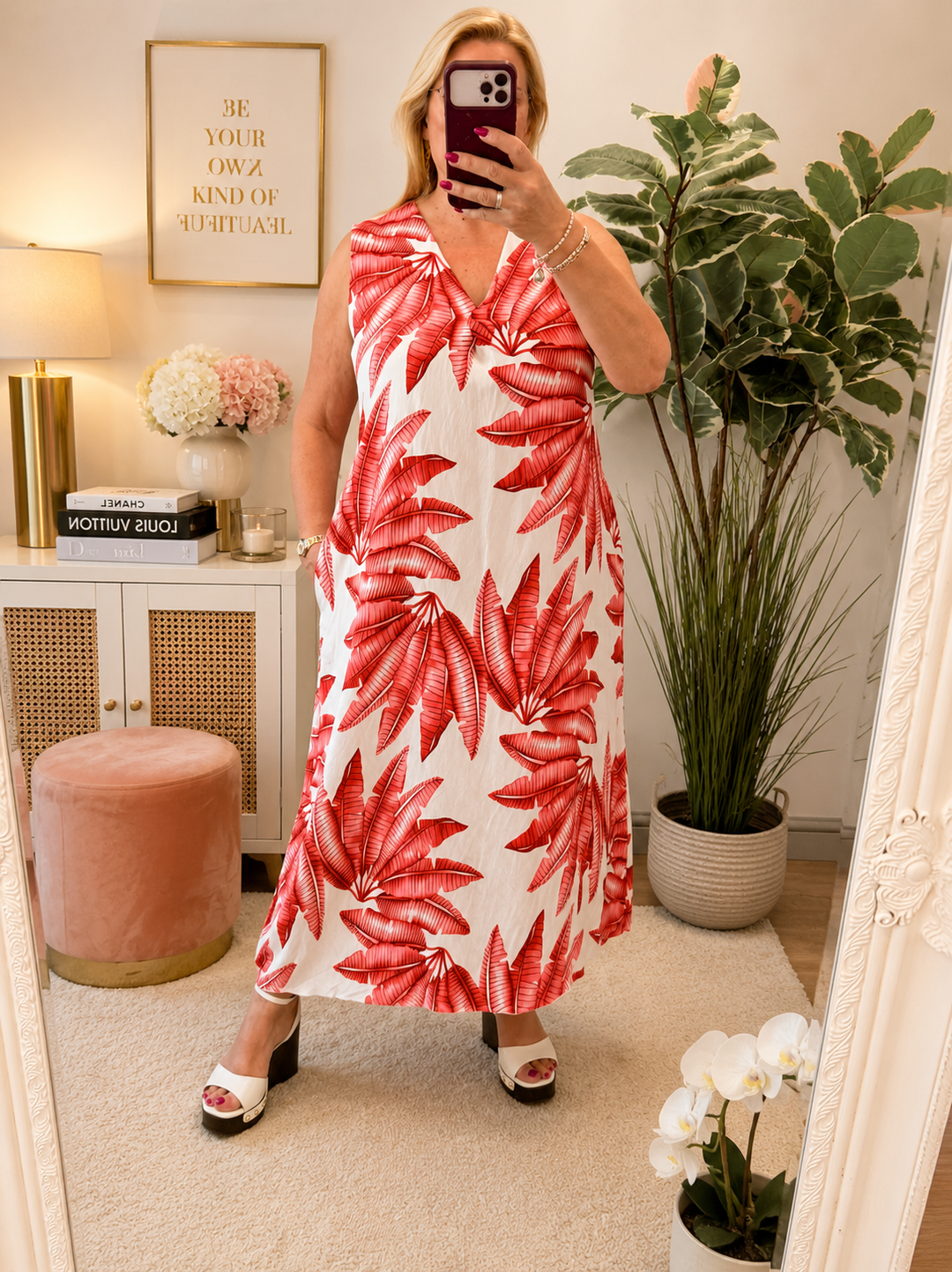 Ladies Red & White Tropical Print Sleeveless Summer Maxi Dress