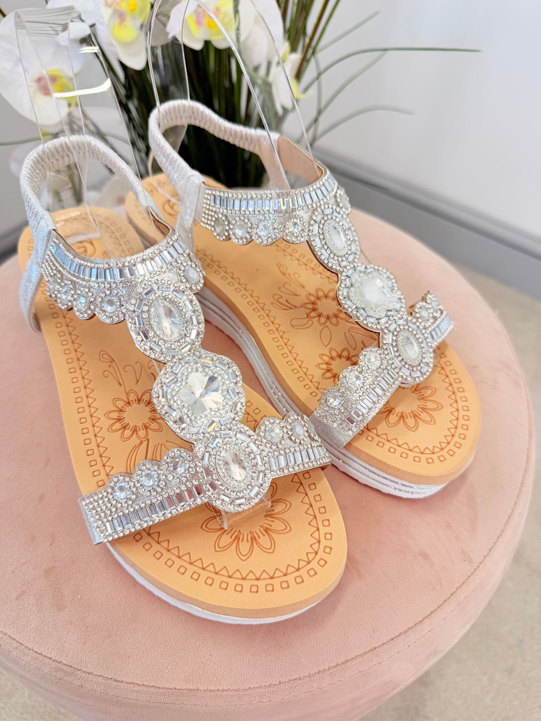 Ladies Fashion Silver Jewelled Small Wedge Sandals Shoes