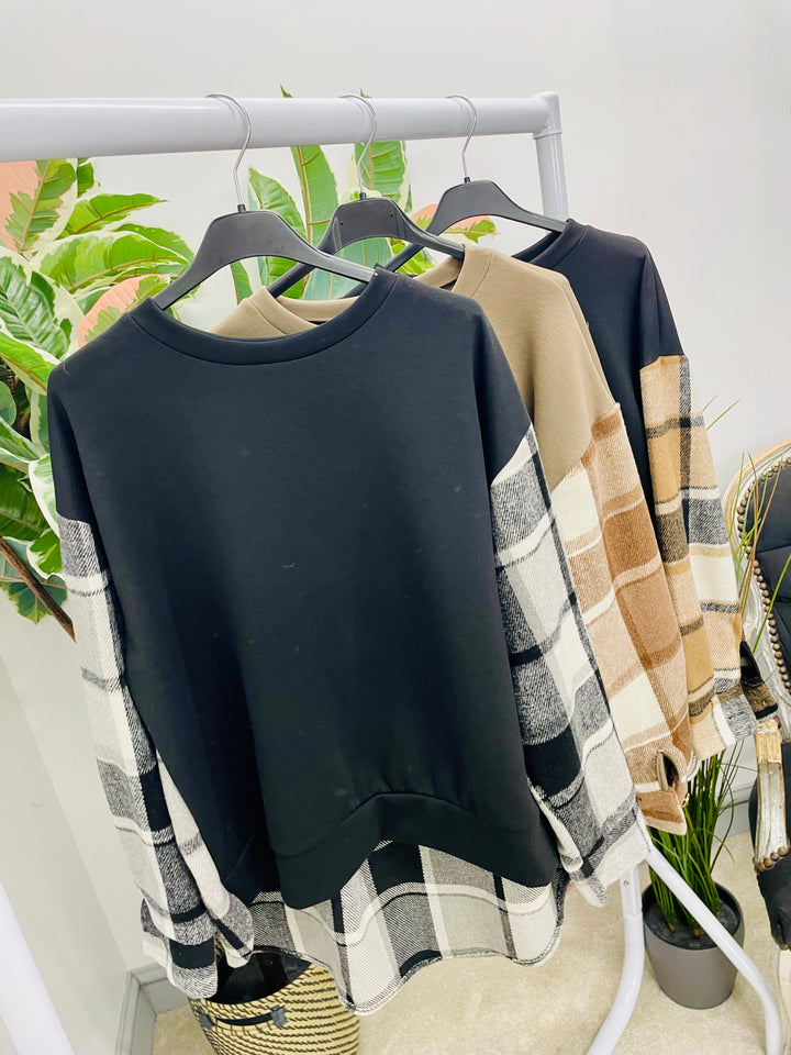 LADIES CHECK SWEATSHIRT TOP - BLACK & MOCHA