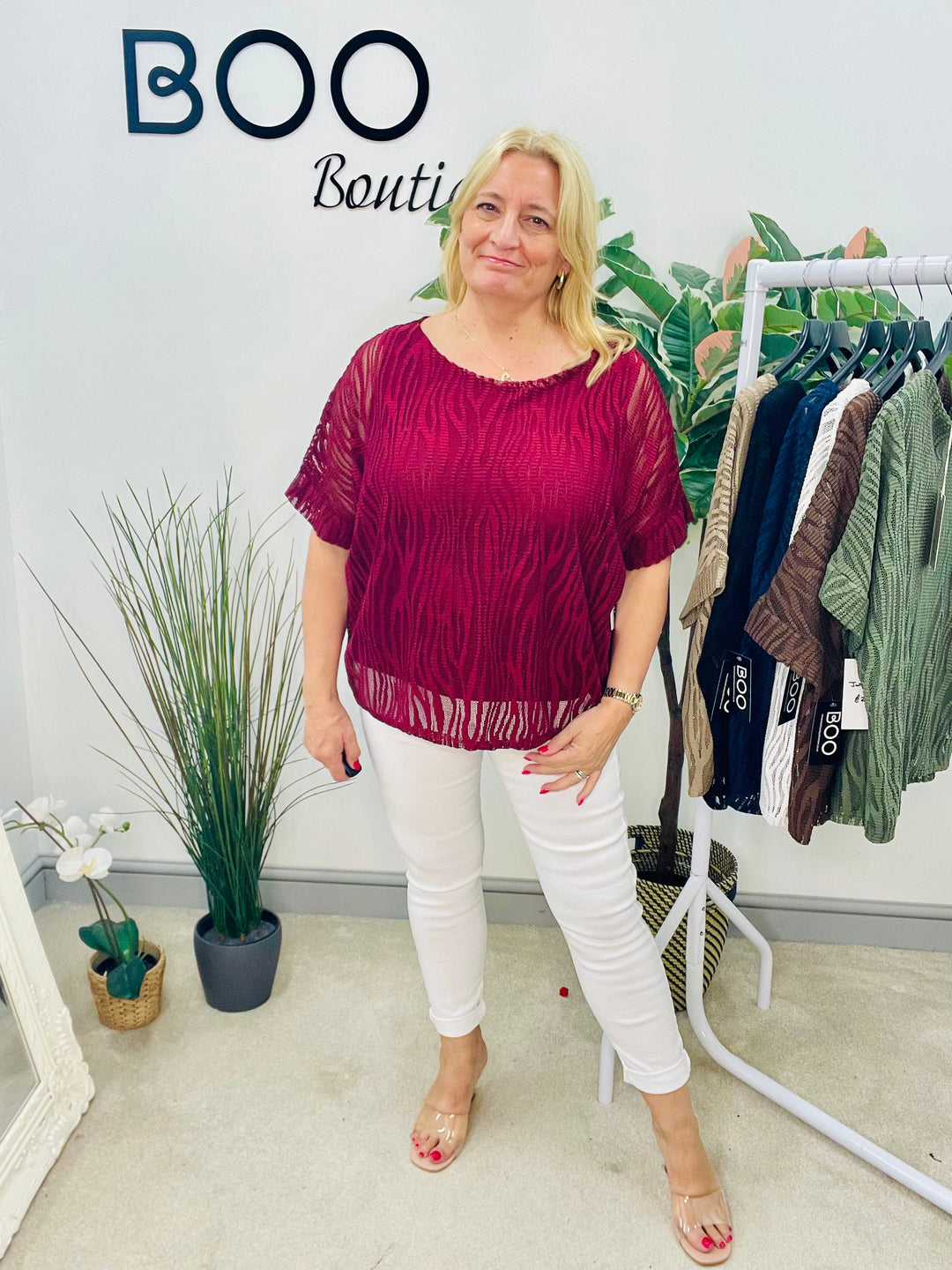 LADIES BOX STYLE NET MESH TOP - WHITE, BURGUNDY, KHAKI, MOCHA, NAVY, BLACK