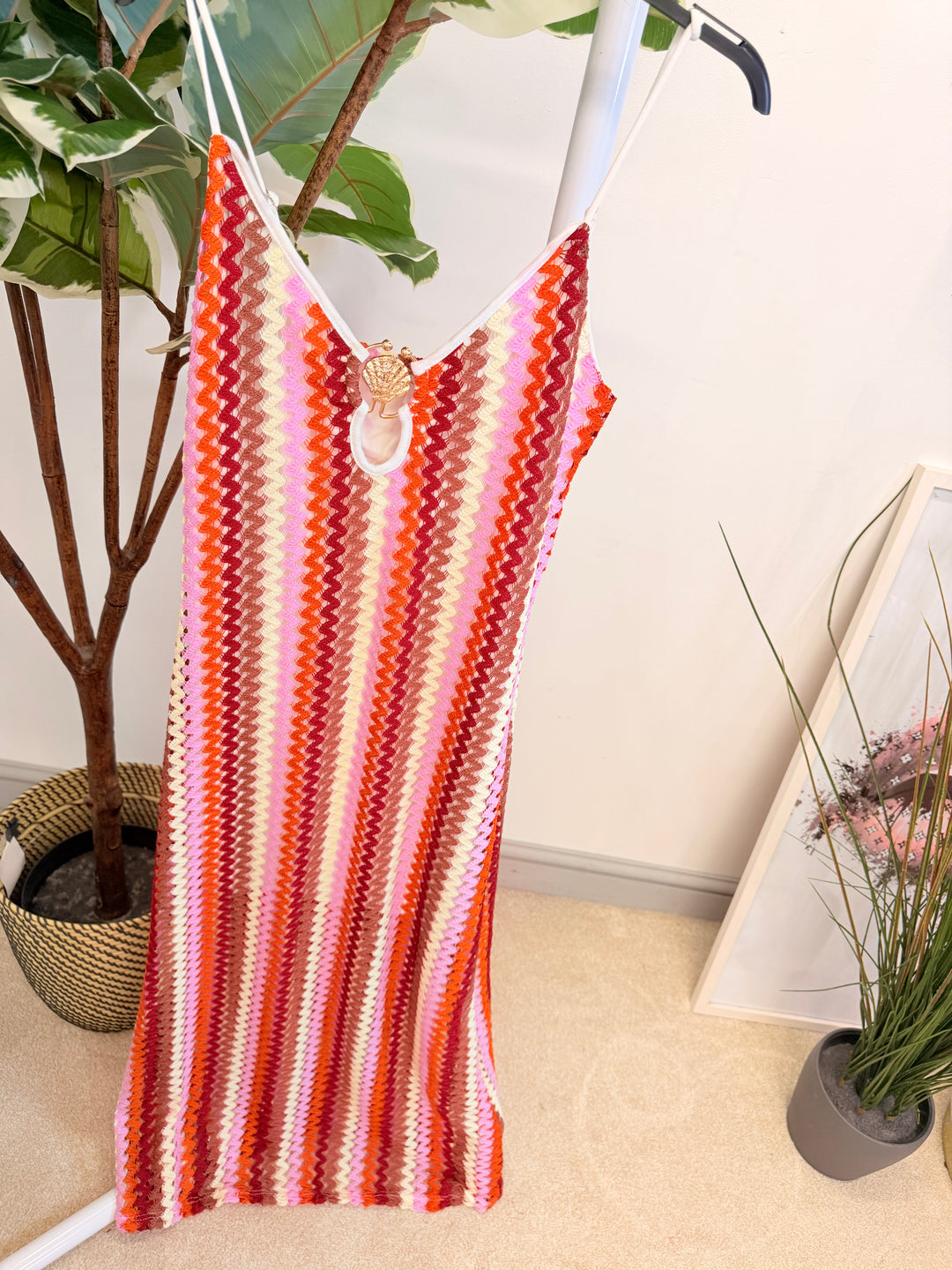 Ladies Fashion Crochet Summer Maxi Dress - Red, Yellow, Orange & Green