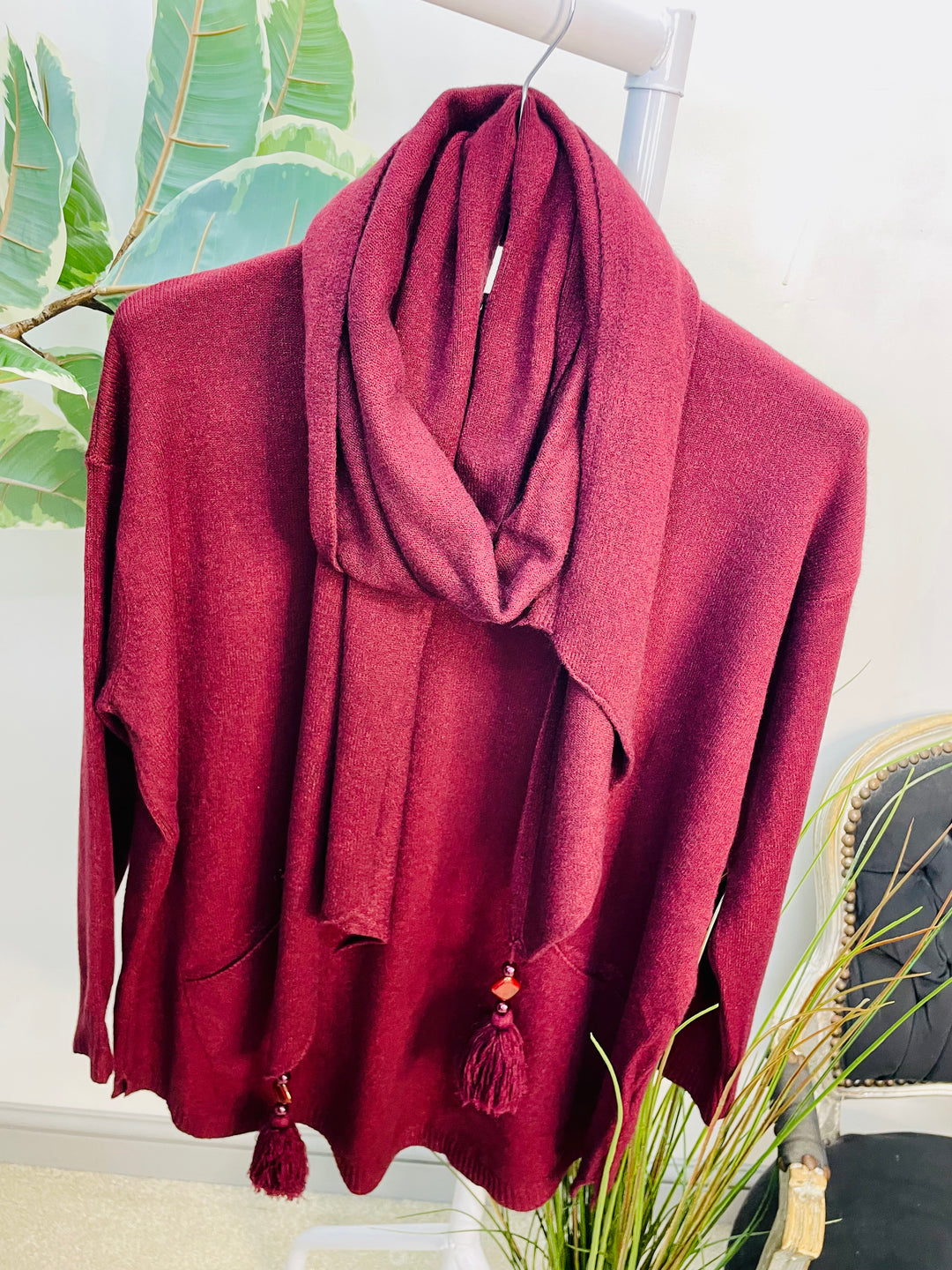 LADIES SOFT KNIT JUMPER & SCARF SET - BURGUNDY, BEIGE, BROWN & BLACK