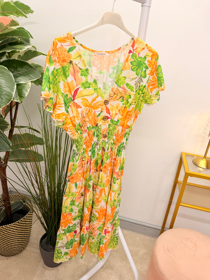 Ladies Floral Print Summer Magic Dress - Blue, Turquoise, Yellow & Green