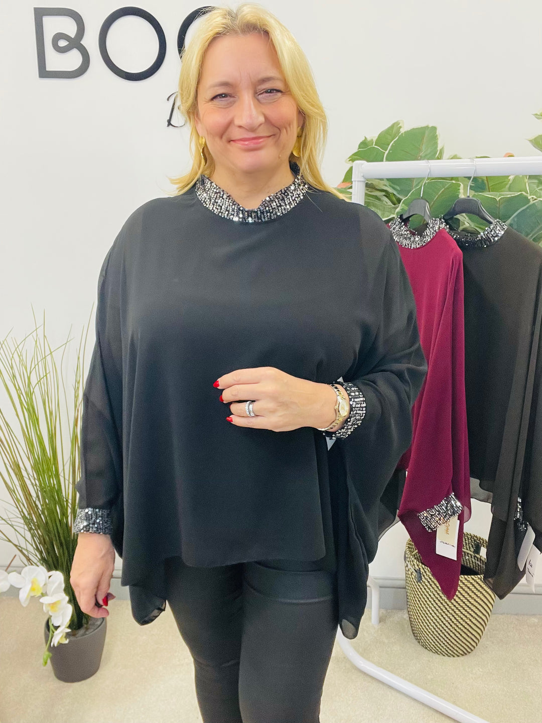 LADIES CHIFFON FLOATY SEQUIN PARTY TOP - BROWN, BLACK, BERRY