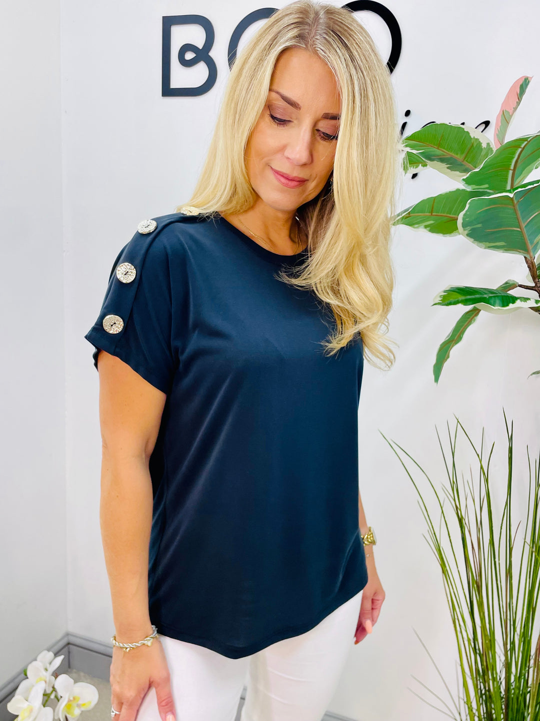 LADIES CASUAL STRETCH GOLD BUTTON T SHIRT - PINK, NAVY, WHITE, BLACK, KHAKI