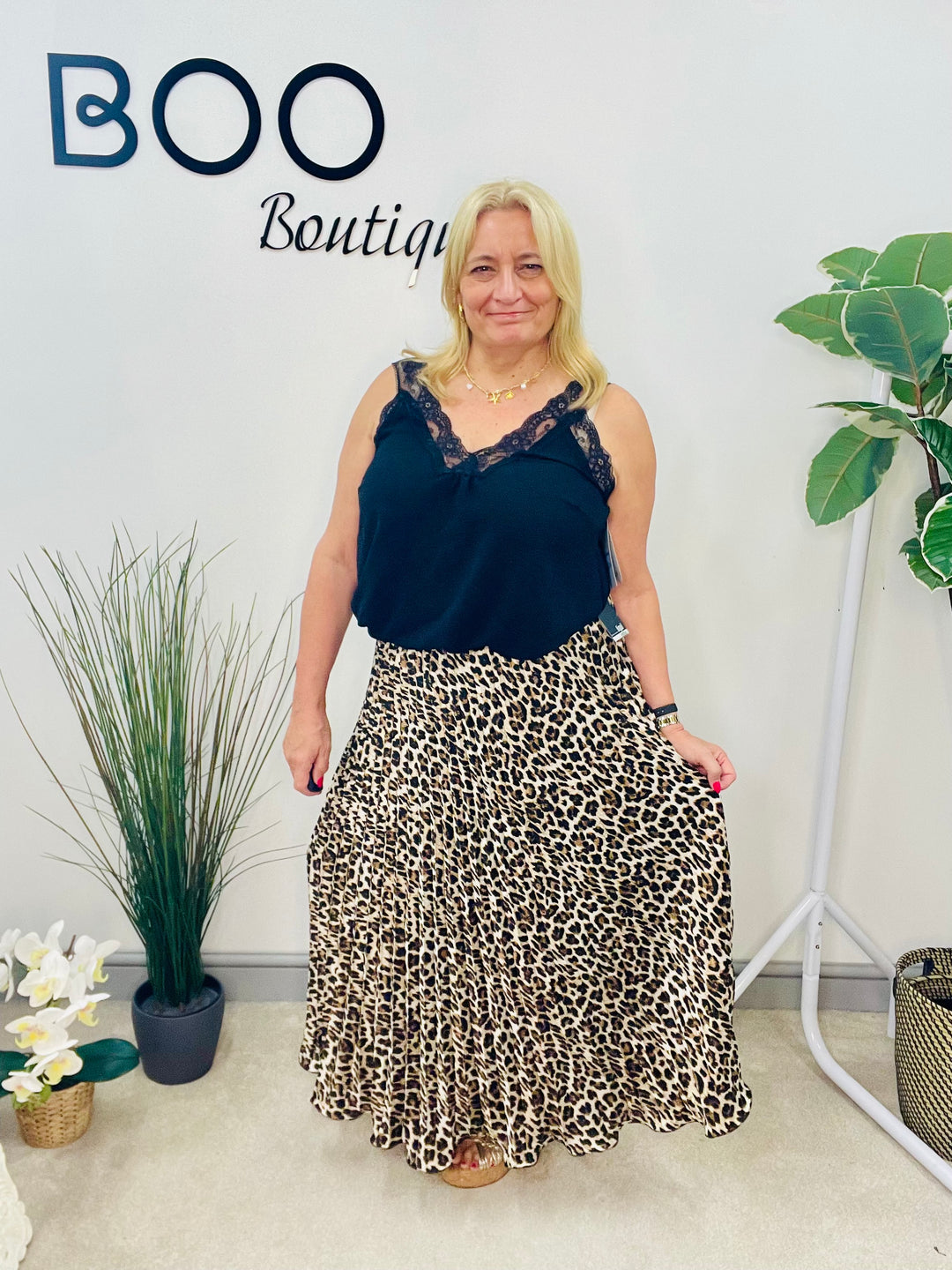 LADIES LEOPARD PRINT SATIN PLEATED MAXI SKIRT