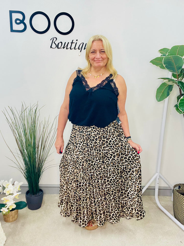 LADIES LEOPARD PRINT SATIN PLEATED MAXI SKIRT