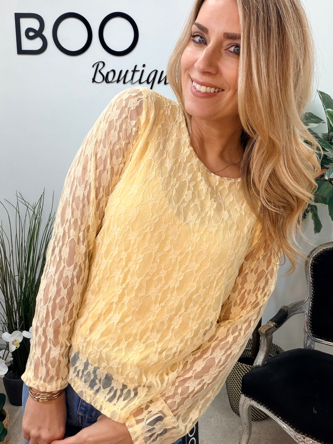 LADIES FASHION LACY LONG SLEEVE TOP - LEMON, WHITE, BLUE & PINK
