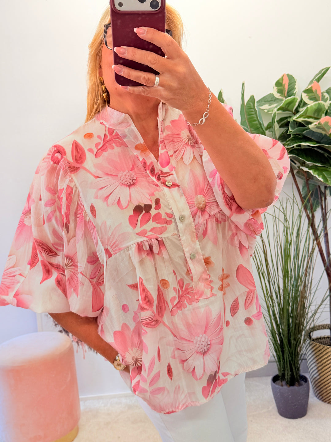 Ladies Floral Print Summer Blouse Top - Pink, Blue, Khaki, Red