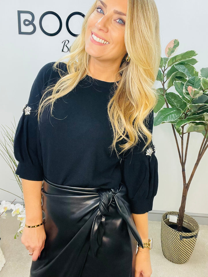 LADIES SOFT KNIT PUFF SLEEVE DIAMANTE JUMPER - BLACK, BURGUNDY, BEIGE & BROWN