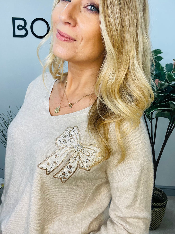 LADIES SOFT KNIT V NECK BOW JUMPER - WHITE, BEIGE & BLACK