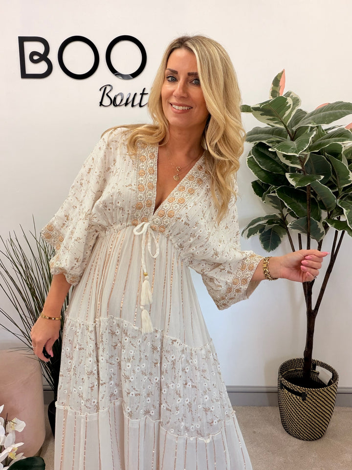 Ladies Fashion Boho Summer Maxi Dress - Pink, Cream, Mint & Blue