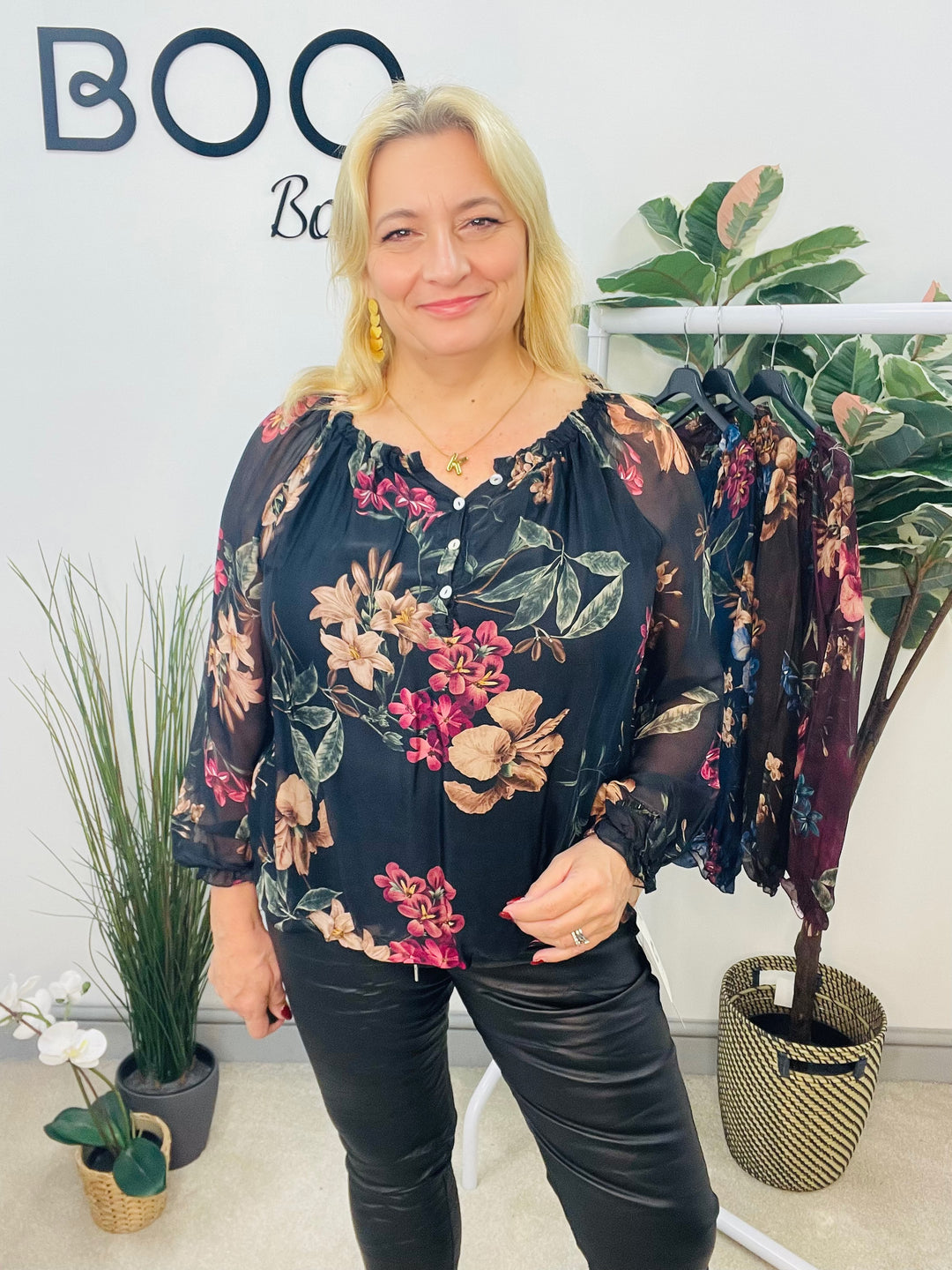 LADIES CHIFFON FLORAL PRINT BLOUSE - BROWN, NAVY, BLACK & WINE BURGUNDY