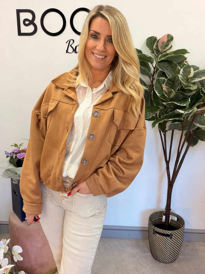 Ladies Fashion Faux Suede Bomber Jacket - camel, brown & lime