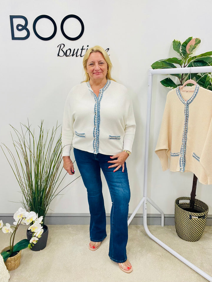 LADIES RIB KNIT BATWING DENIM DETAIL CARDIGAN - WHITE & BEIGE