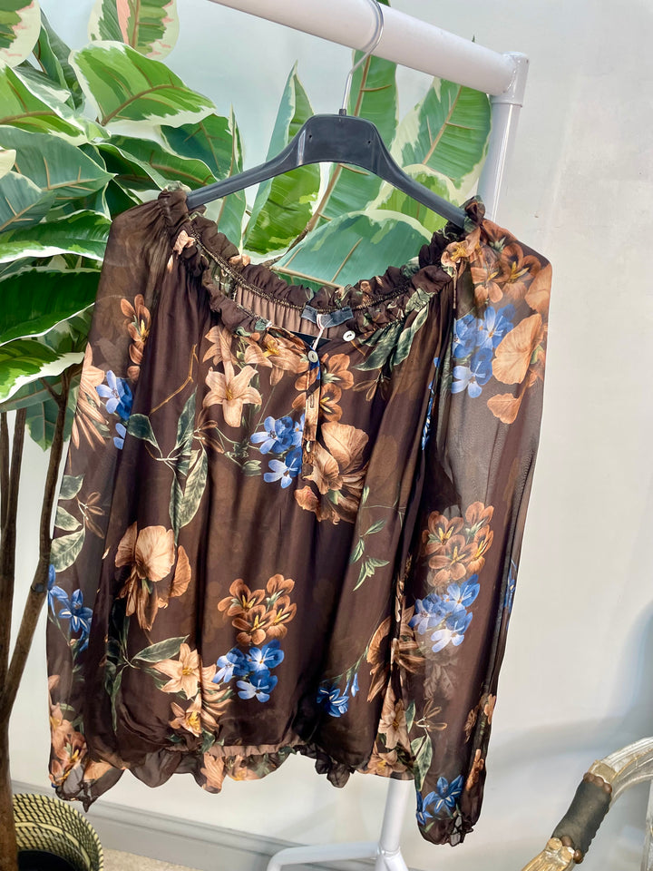 LADIES CHIFFON FLORAL PRINT BLOUSE - BROWN, NAVY, BLACK & WINE BURGUNDY