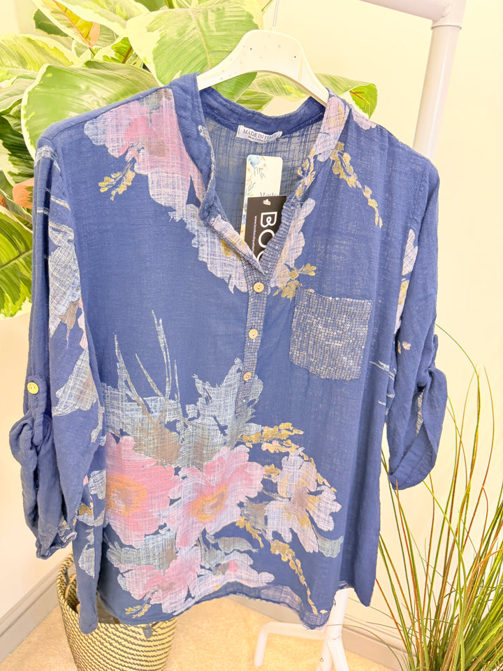 Ladies Floral Print Light Linen Grandad Shirt Top - White, Navy & Lemon