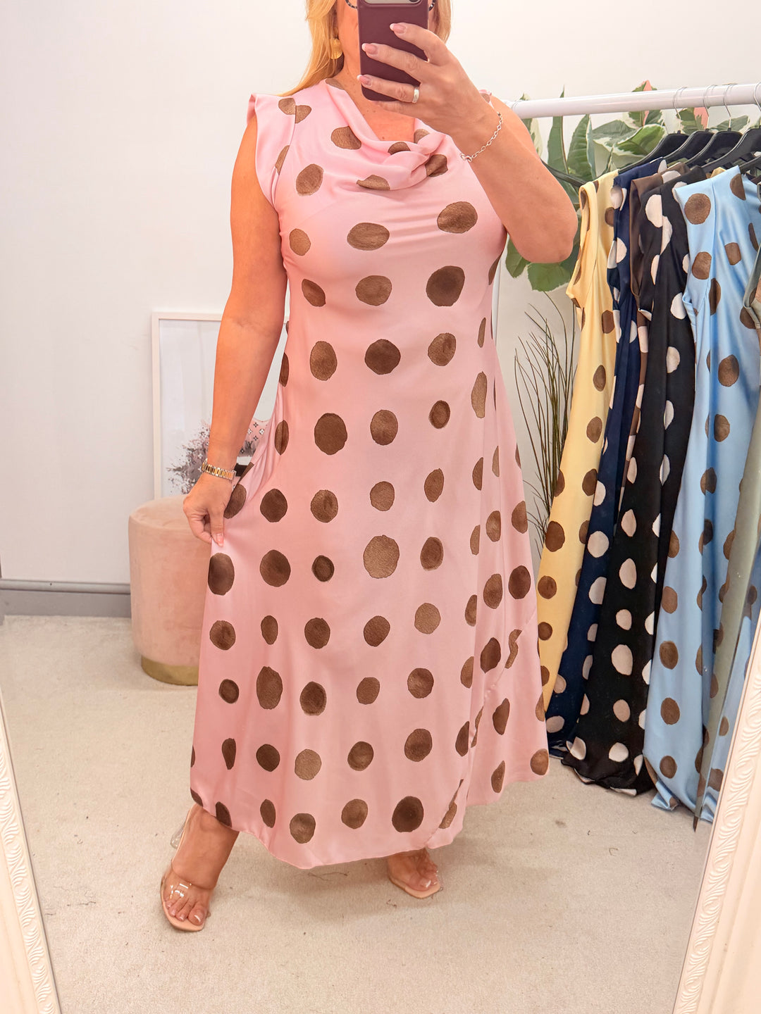 Ladies Satin Polka Dot Sheath Dress - Lemon, Black, Pink, Khaki, Navy, Black & Blue