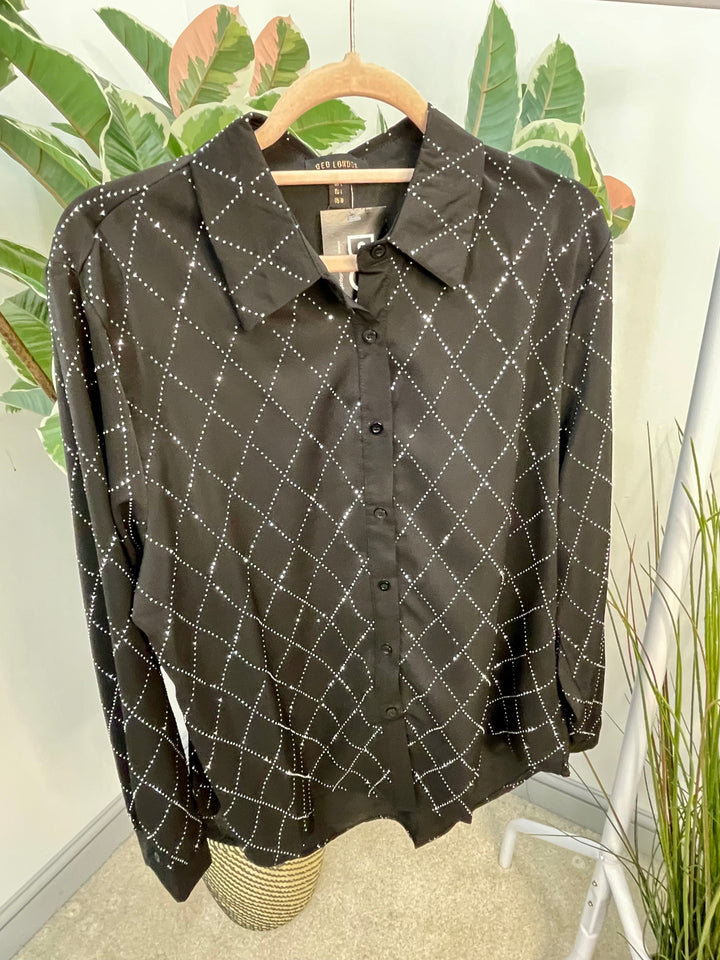LADIES BLACK SPARKLY STUD SHIRT BLOUSE