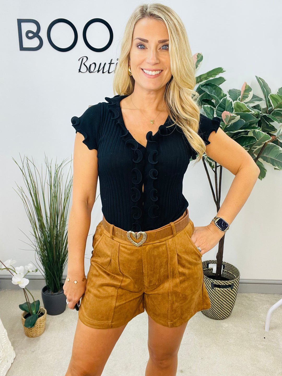 LADIES FASHION FAUX SUEDE SHORTS - BLACK & CAMEL TAN