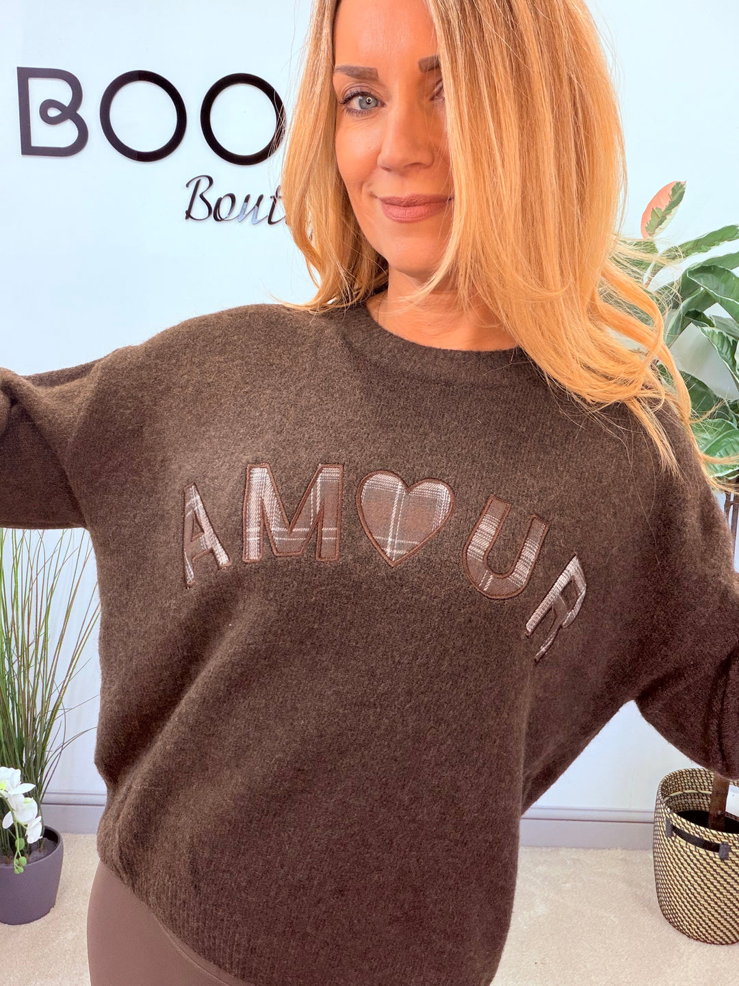 LADIES KNITTED AMOUR JUMPER - BEIGE, BROWN & BERRY