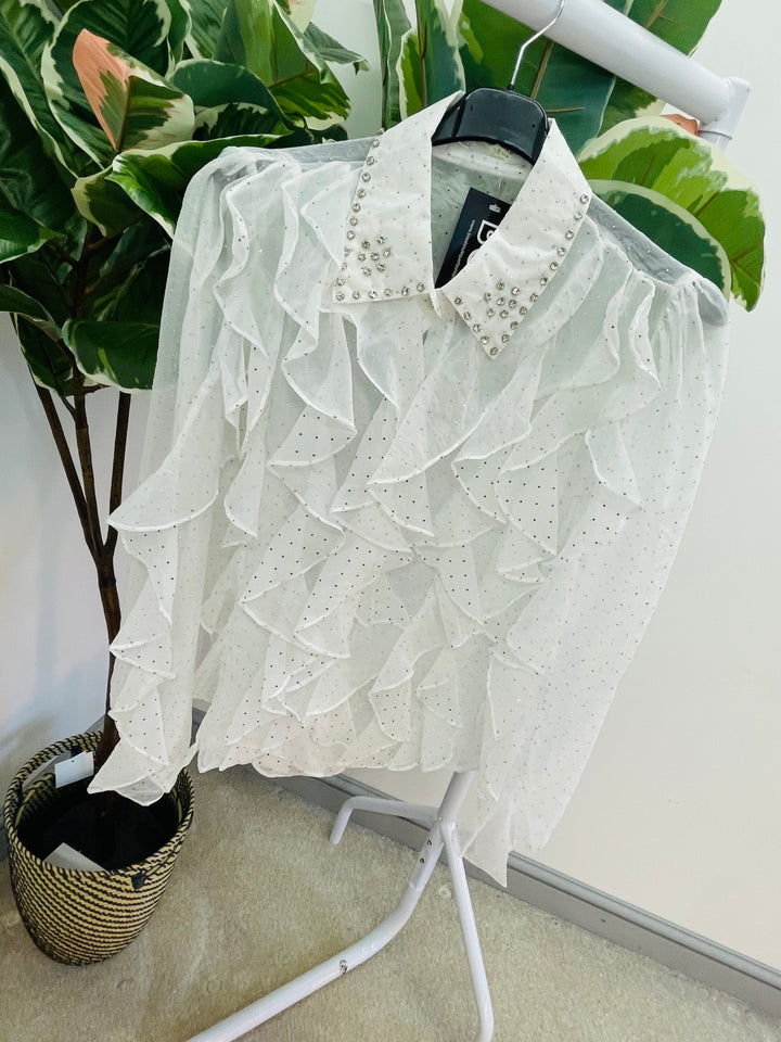 LADIES WOMENS SHEER DIAMANTE JEWELLED BLOUSE SHIRT - BLACK & WHITE