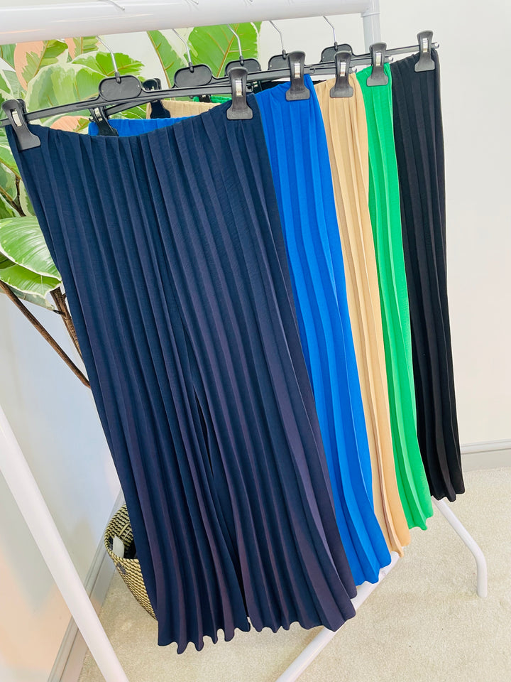 LADIES WOMENS PLEATED WIDE LEG PALAZZO CULOTTE TROUSERS - ROYAL BLUE, NAVY, BLACK, CAMEL, GREEN