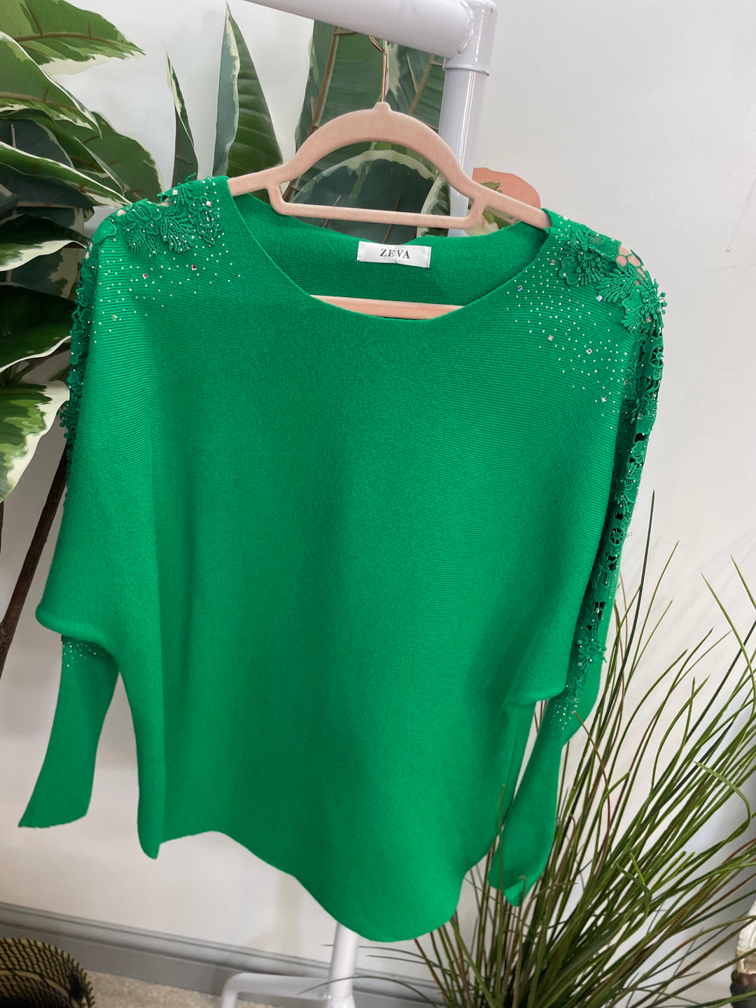 LADIES DIAMANTE SLEEVE BATWING JUMPER GREEN