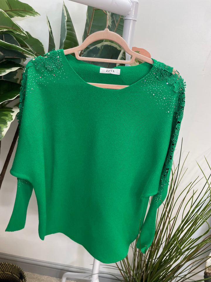 LADIES DIAMANTE SLEEVE BATWING JUMPER GREEN