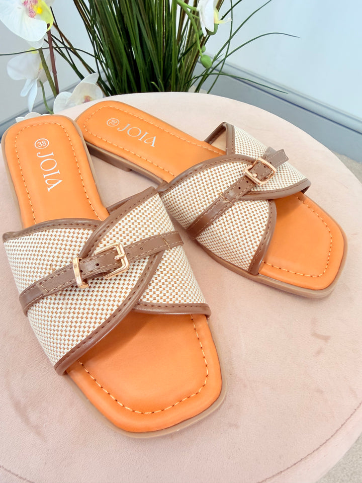 Ladies Fashion Brown Beige Hessian Buckle Slider Sandals