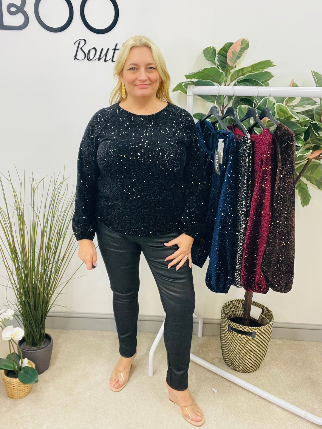 LADIES SEQUIN BOW BACK PARTY TOP - BROWN, BLACK, NAVY, BERRY & SILVER