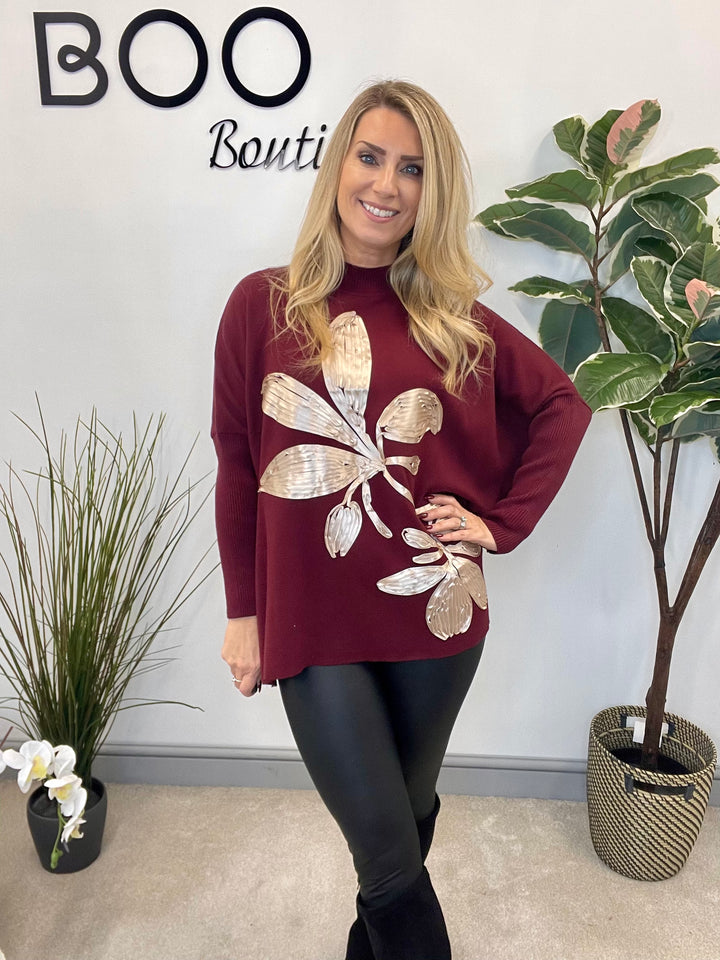 LADIES OVERSIZE LOOSE FIT JUMPER SWEATER BERRY WINE