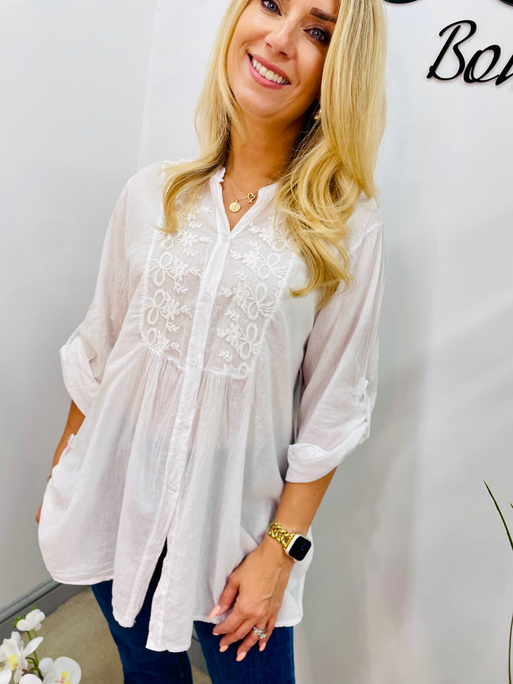 LADIES COTTON LACE FRONT BLOUSE SHIRT - LEMON, WHITE & ORANGE