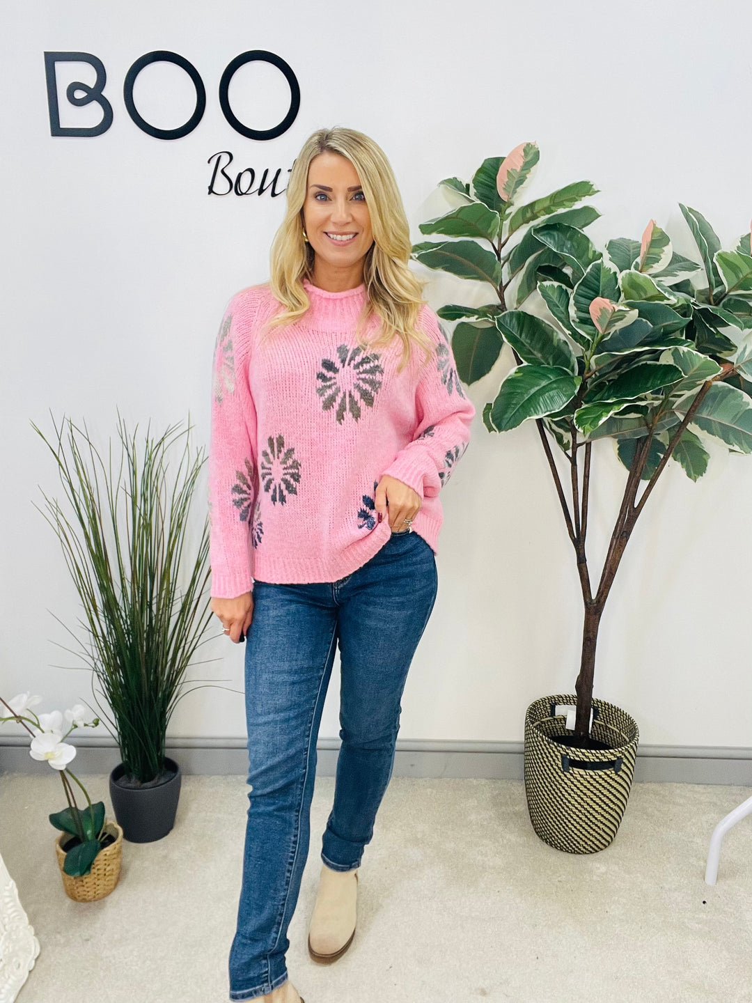 LADIES CONTRAST KNIT JUMPER - PINK, KHAKI & BEIGE