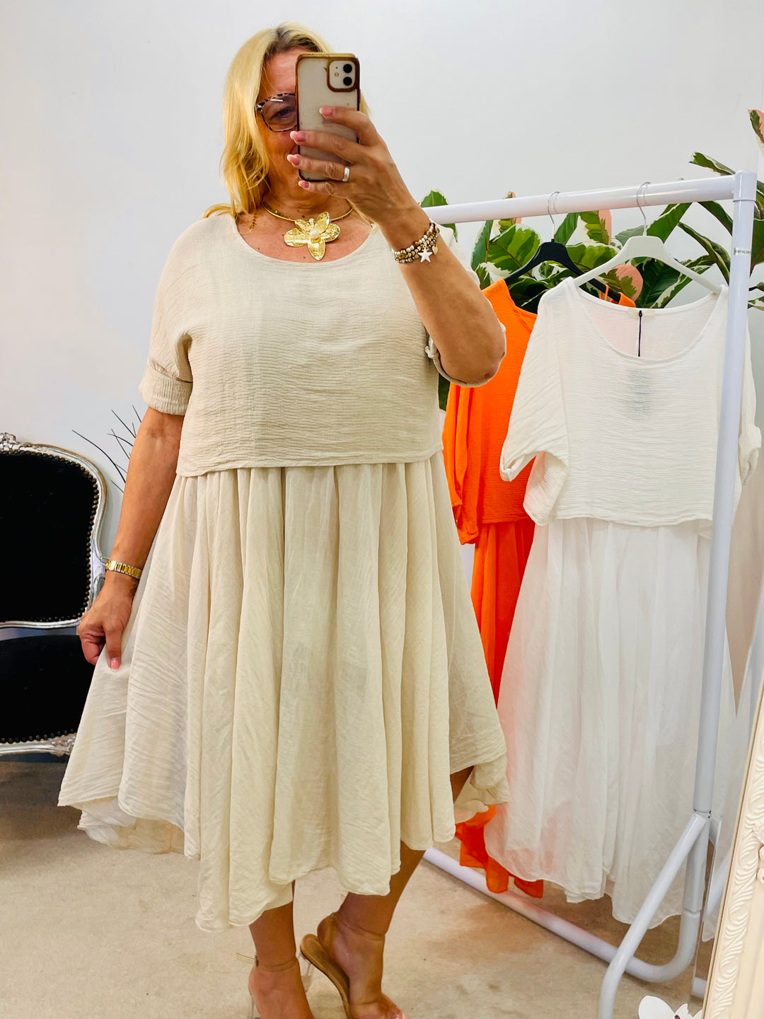 LADIES SUMMER HANKERCHIEF DRESS & CROP TOP SET - ORANGE, WHITE & BEIGE