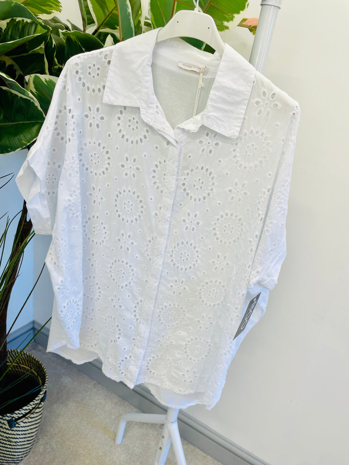 LADIES WOMENS BRODERIE ANGLAISE TOP SHIRT - WHITE, BLUE & PINK