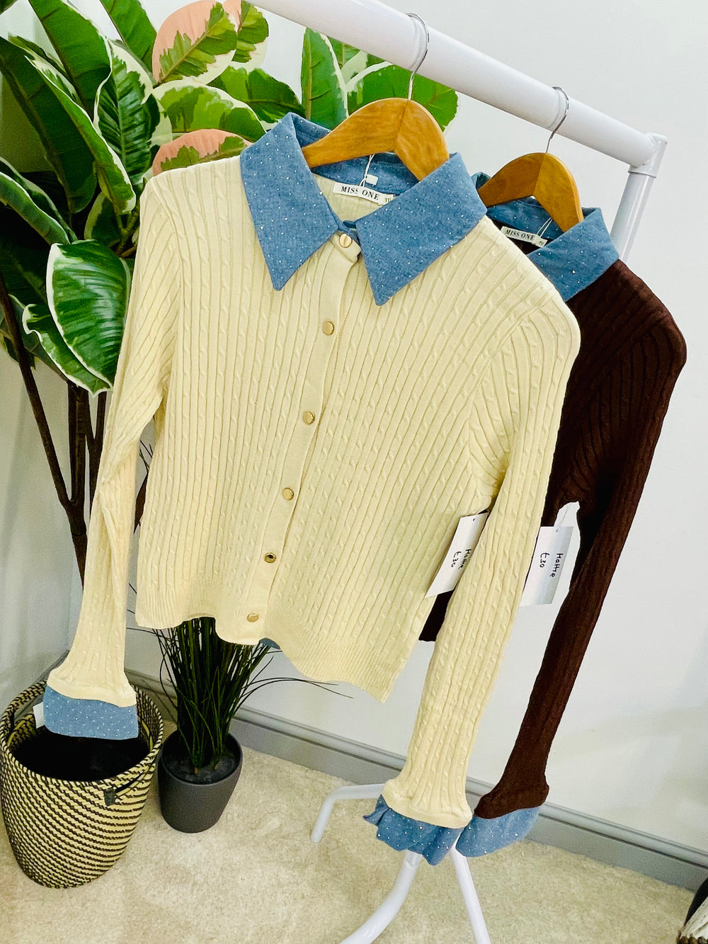LADIES PETITE SLIM FIT RIB KNIT CARDIGAN JUMPER - BROWN AND CREAM