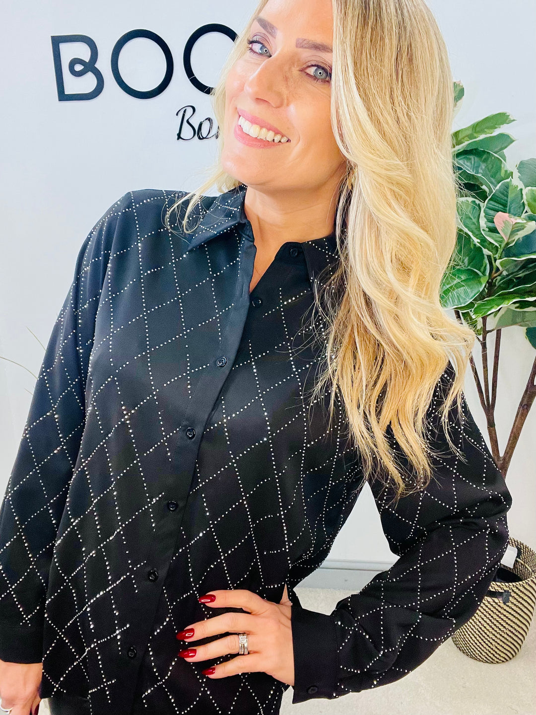 LADIES BLACK SPARKLY STUD SHIRT BLOUSE