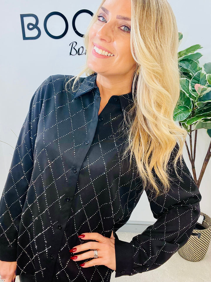 LADIES BLACK SPARKLY STUD SHIRT BLOUSE