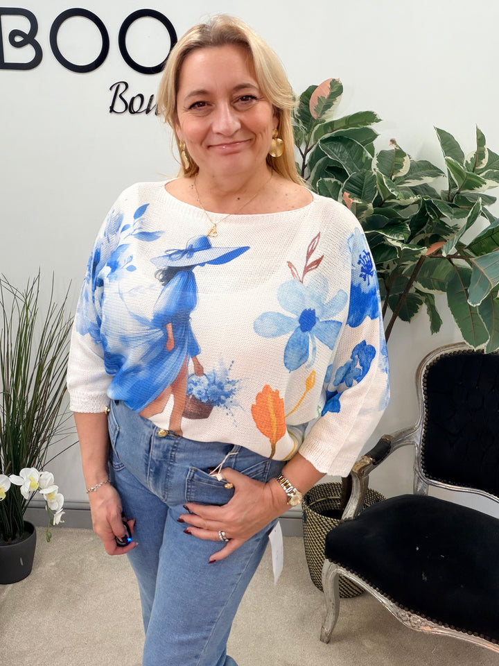 LADIES FASHION WHITE BATWING JUMPER - PINK & BLUE