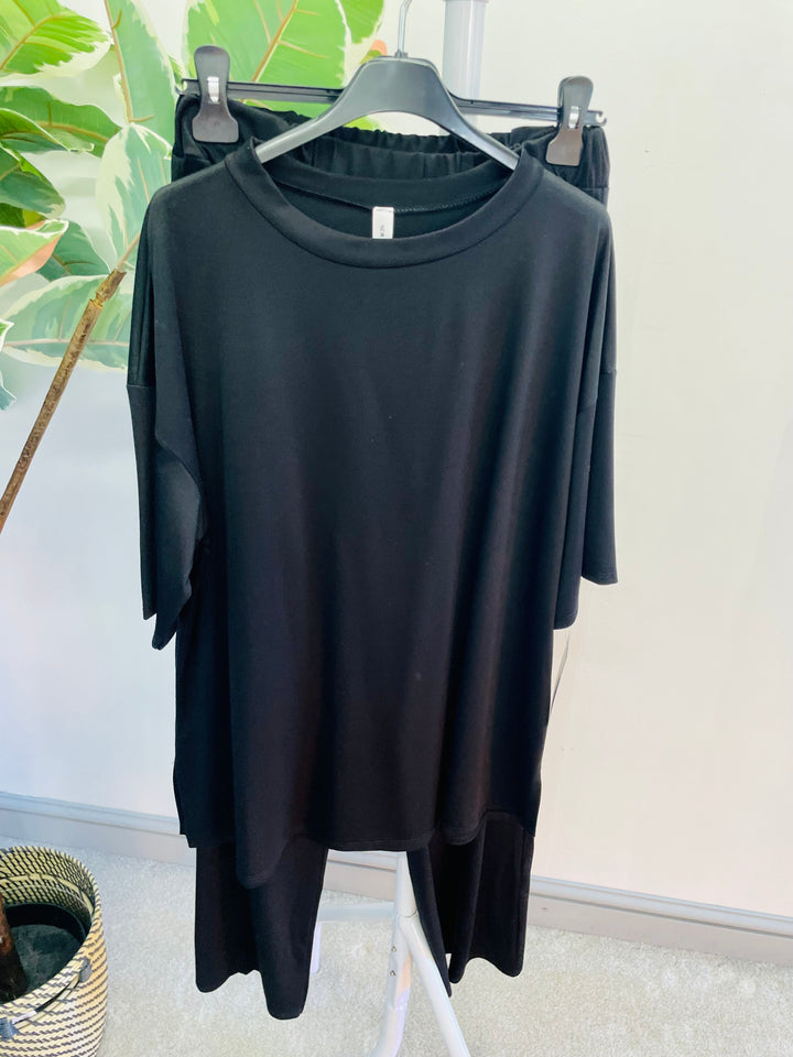LADIES WOMENS BLACK CASUAL TRAVELLING COMFY WIDE TROUSER CO ORD SET