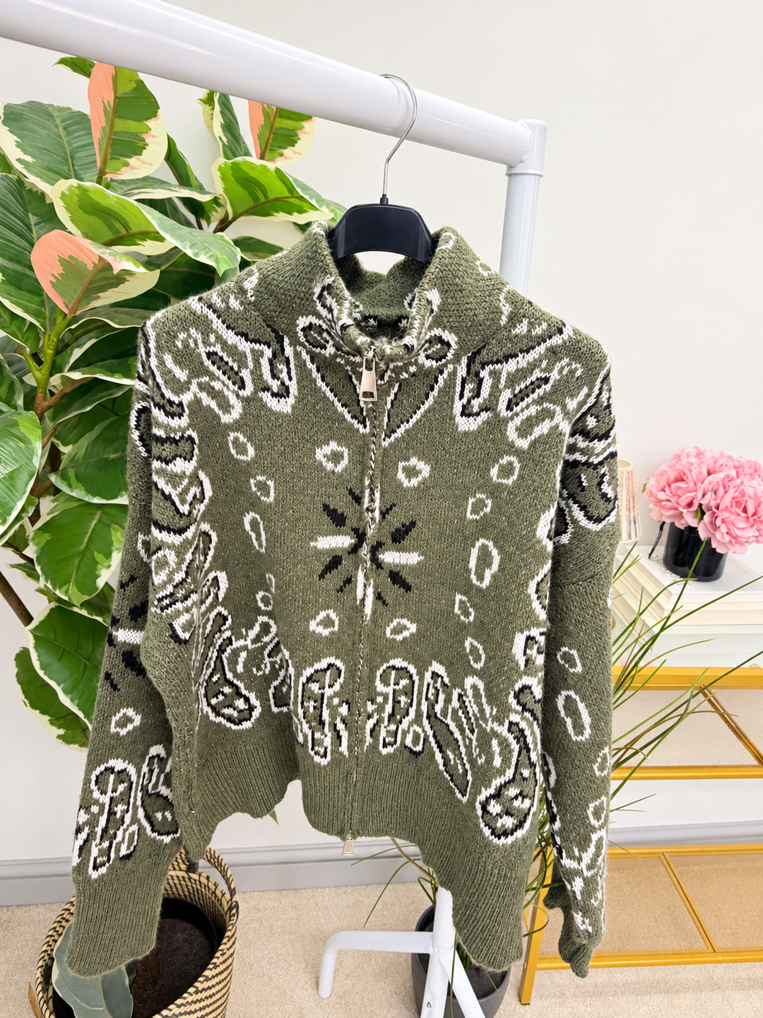 Women's zip up bandana print cardigan - khaki & beige