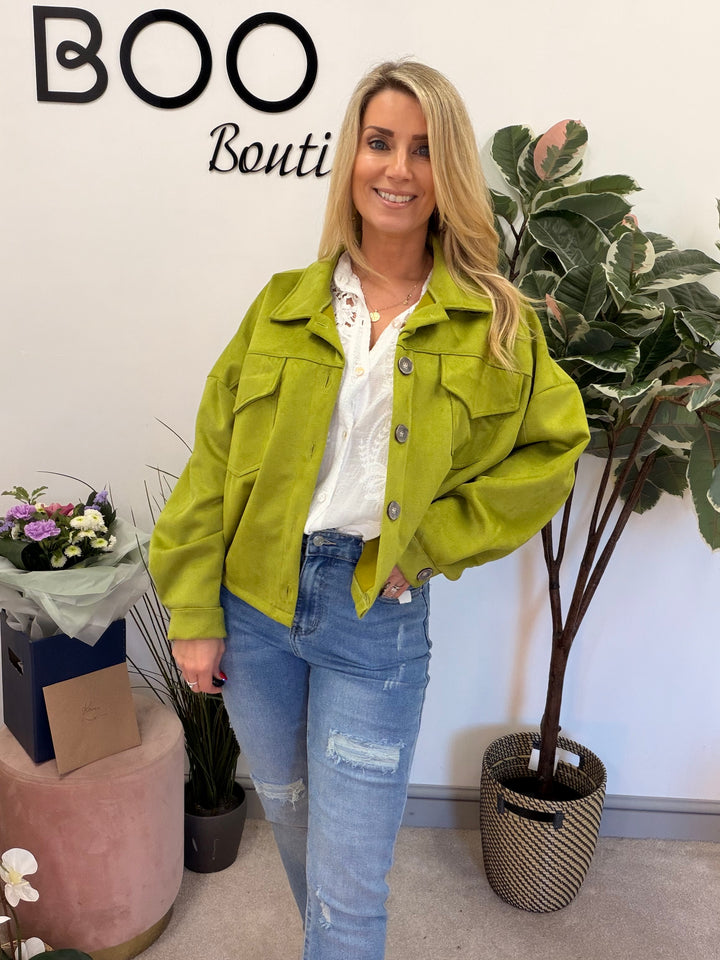 Ladies Fashion Faux Suede Bomber Jacket - camel, brown & lime