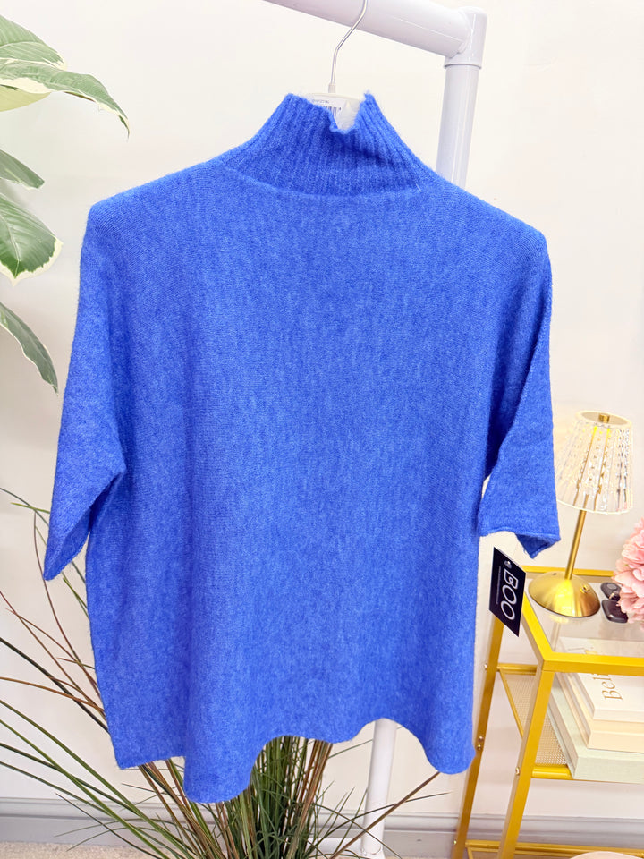 Ladies Fashion High Neck Soft Knit Short Sleeve Jumper cobalt blue
