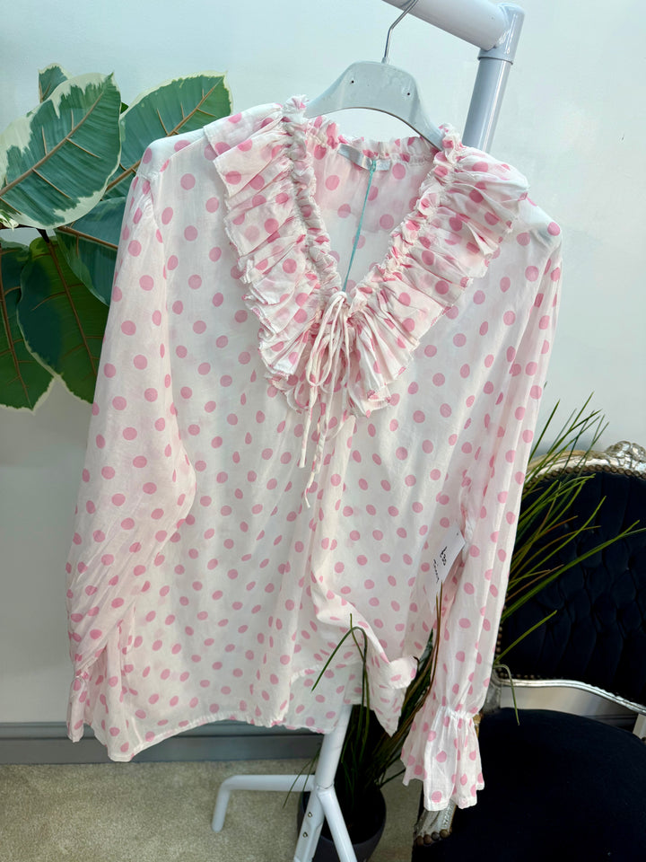 Ladies Fashion White Cotton Polka Dot Pretty Blouse - pink & navy